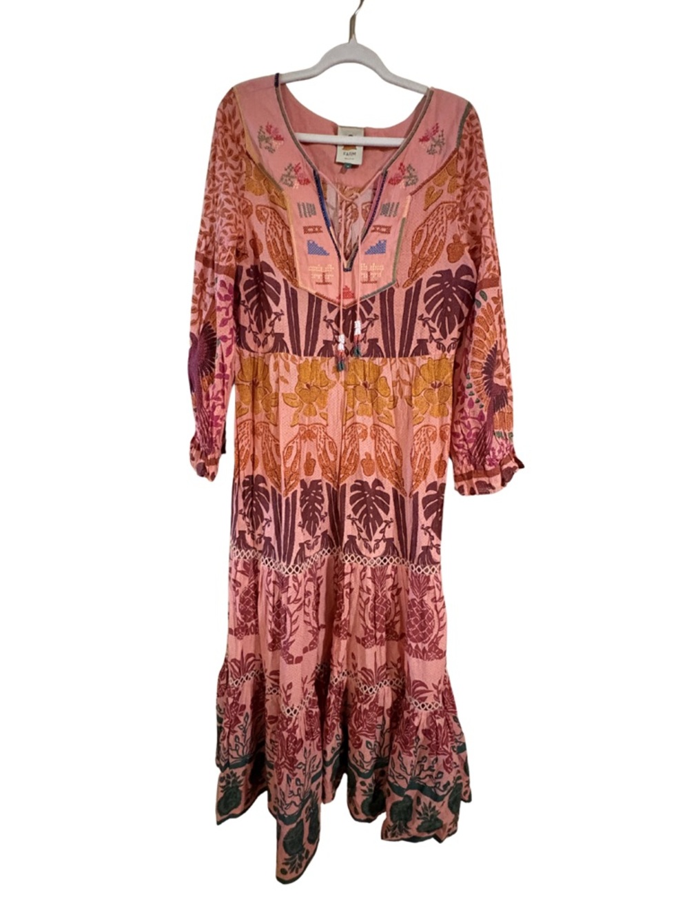Farm Rio Anikia Embroidered Maxi Dress Tropical Boho Long Sleeve Medium